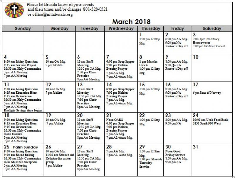 Monthly Calendar Mount Tabor Lutheran Church